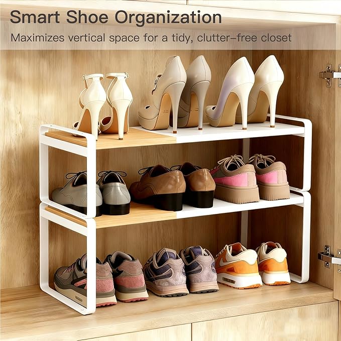 Cabinet Shelf Organizer, Expandable Riser for Kitchen Counter, Stackable Shoe Shelf Entryway, Bamboo Cupboard Pantry Rack, Bathroom Storage (Natural Bamboo & White, 1 Pack)