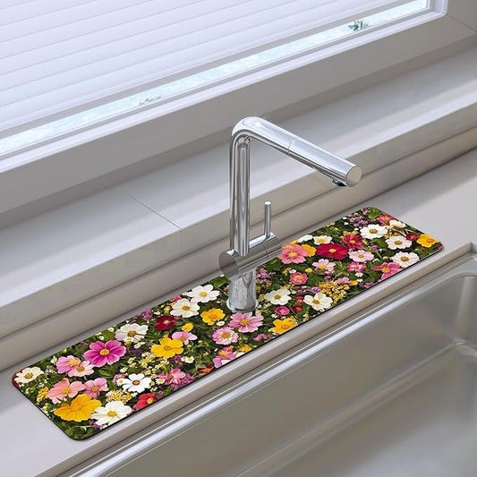Bimkole 1 PCS Faucet Absorbent Mat, Kitchen Faucet Sink Splash Guard Wraparound Cloth Pads Drip Catcher for Sink Faucet for Kitchen Bathroom Faucet, Colorful Faucet Mat, 15 x 4 Inch Flower A8