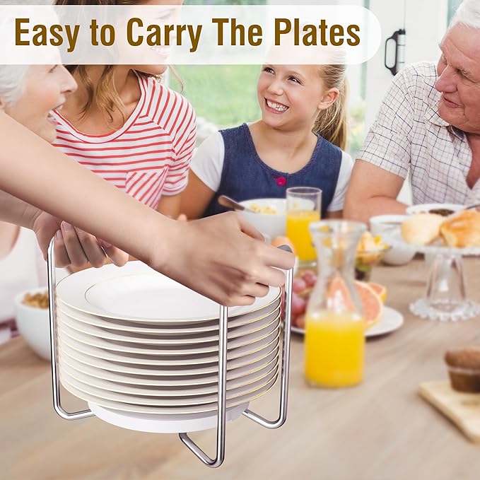 Plate Holder for Kitchen Drawer - 2Pcs White Bamboo Dish Racks for Kitchen Counter - Adjust 6.75" to 12.5" Stainless Steel Plate and Bowl Organizer for Cabinet, RV, Countertop (S&L)