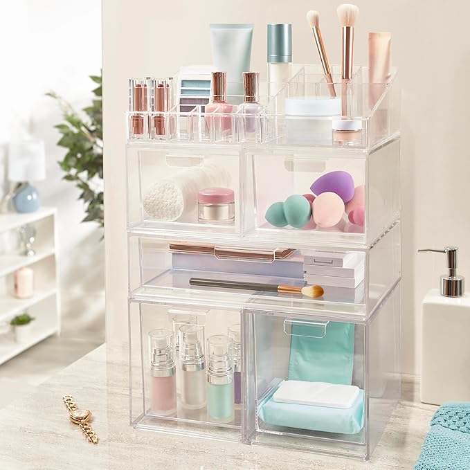 STORi Audrey Clear Vanity Makeup Organizer | 15-Compartment Holder for Brushes, Eyeshadow Palettes, & Beauty Supplies | Stacks on Audrey Storage Drawers | Made in USA | Vanity, Holder