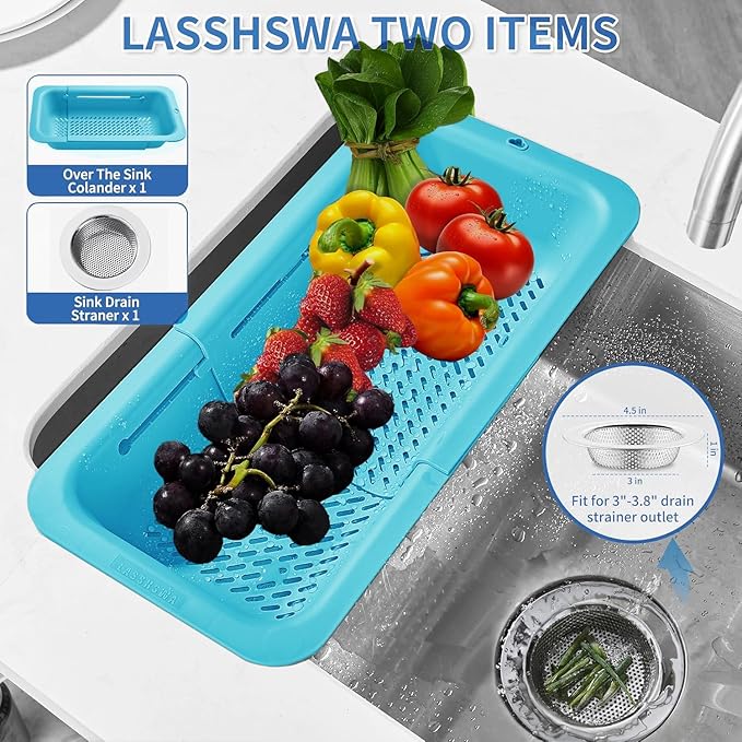 LASSHSWA Collapsible Colander and Strainer for Kitchen, Over the Sink Strainer Basket for Kitchen, Fruit Pasta Food Strainer Expandable Plastic Colander (Blue)
