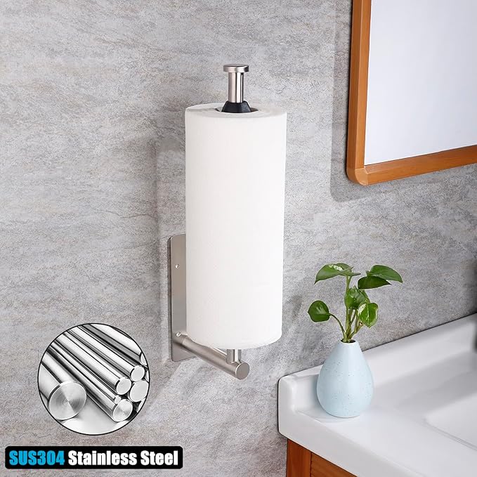 Paper Towel Holder Under Cabinet, Single Hand Operable Paper Towel Roll Holder with Damping Effect, Self-Adhesive or Drilled Stainless Steel Paper Towel Holder for Kitchen Bathroom RV