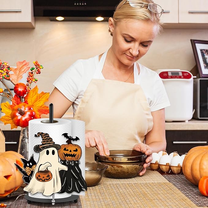 JarThenaAMCS Halloween Paper Towel Holder Pumpkin Ghost Cat Kitchen Decor Accessories Large Metal Towel Holder Stand for Fall Home Party Bathroom Countertop