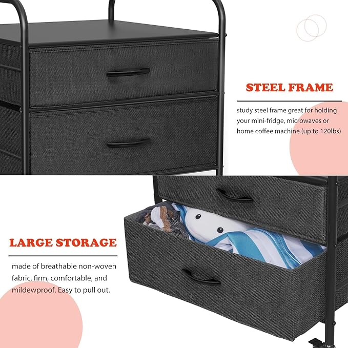 Mini Fridge Stand with Storage, Mini Fridge Stand, 2 Drawer Dorm Fridge Cart, Organizer Unit for Mini Fridge, Fridge Stand Table, Mini Fridge Table with Swivel Wheels, Black