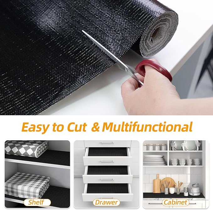 Shinlendid Shelf and Drawer Liner for Kitchen Cabinets Non-Adhesive, Strong Grip Non-Slip Thickened Cabinet Liners for Shelves, Waterproof Mats for Dresser Cupboard, Black, 12 in x 20 Feet