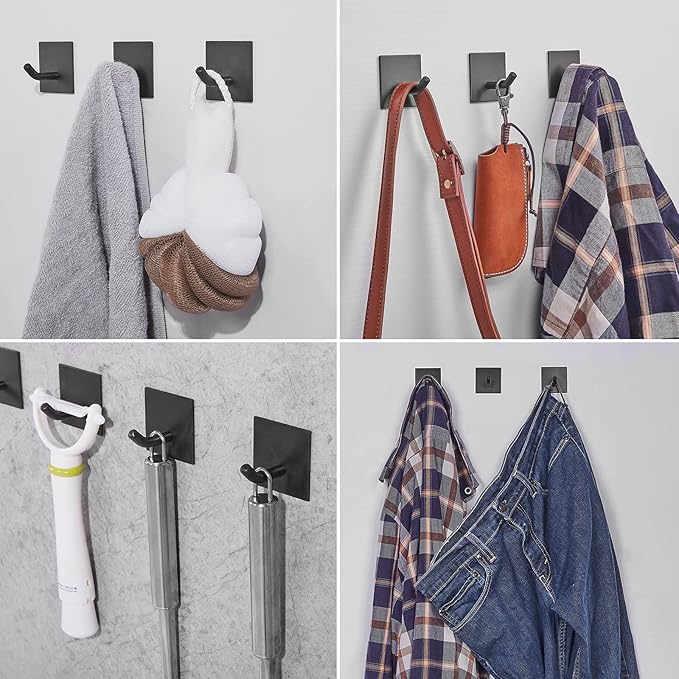 FOMANSH Heavy Duty Adhesive Hooks, Stick on Wall Adhesive Hangers, Strong Stainless Steel Holder, Self Adhesive Hooks for Kitchen Bathroom Home Door Towel Coat Key Robe 6 Packs Black