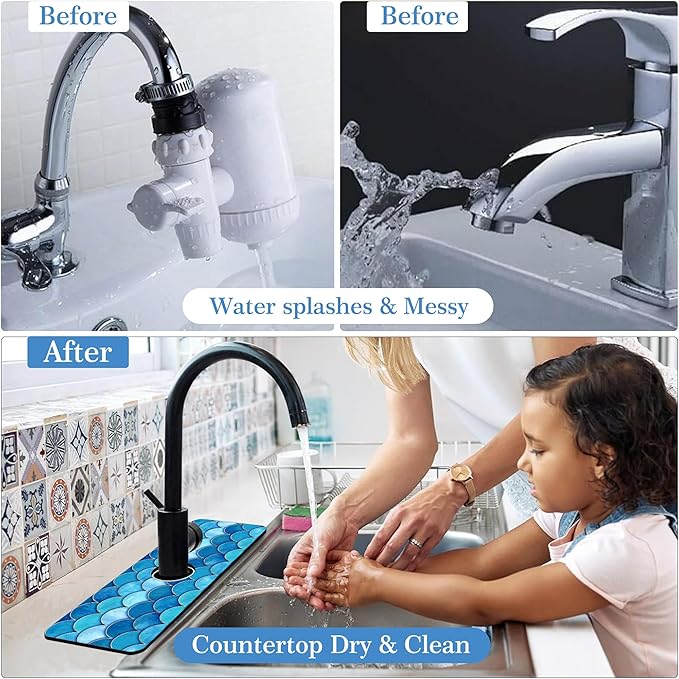 Mermaid Fish Scale Wave Faucet Mat Splash Guard Scale Texture, Soft Diatom Mud Material, Strong Water Absorption, Non-slip,Easy to Clean for Bathroom, Kitchen 15"X5.5"