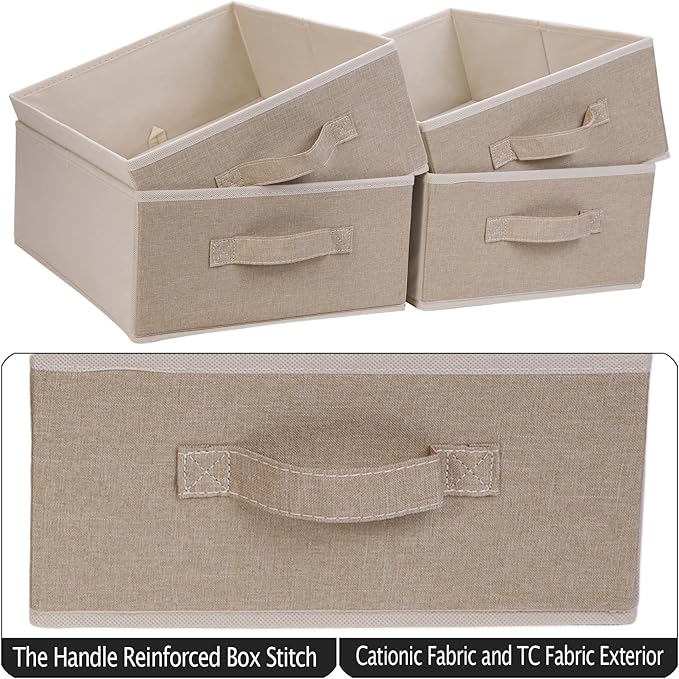 Decorative Storage Boxes for Organizing Clothes in a Dresser Collapsible Fabric Storage Bins Organizer Set with Handles for Bedding Clothes Toys Socks and More (4 Pack Beige)