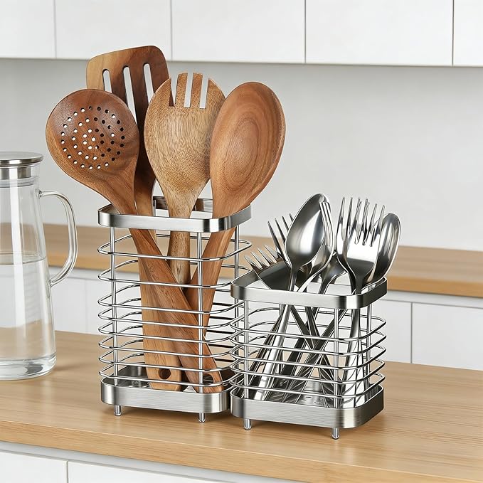 Utensil Holder, Stainless Steel Utensil Drying Rack for Kitchen Counter, Silverware Cutlery Flatware Holder Forks, Knives, Spoons, Chopsticks Organizer