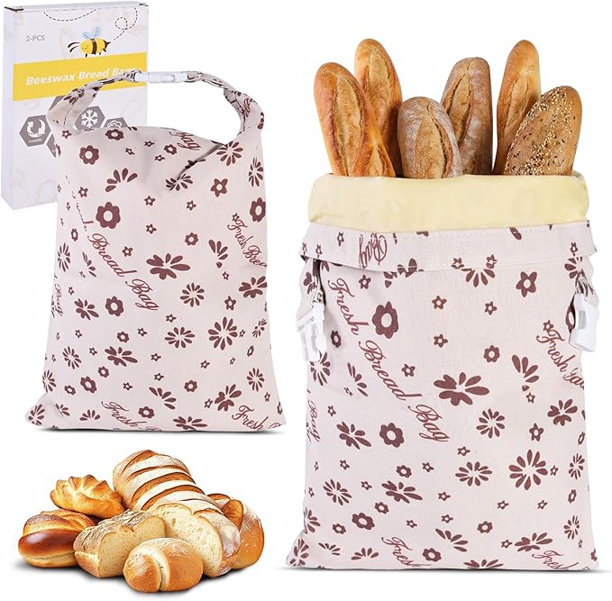 Beeswax Bread Bags for Sourdough 17in*12in Sealed Bag with Snap Closure Reusable Cotton Beeswax Bag for Homemade Bread Freezer-Friendly Freshness Preservation Food Storage 2 Pack（Brown Flowers）