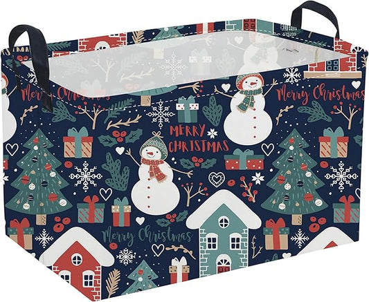 Rectangular Christmas Baskets,Snowman Basket Empty,Waterproof PE Coating Cute Bins for Kids with Handles,Gifts Baskets,Books Bin. (Blue Snowman)