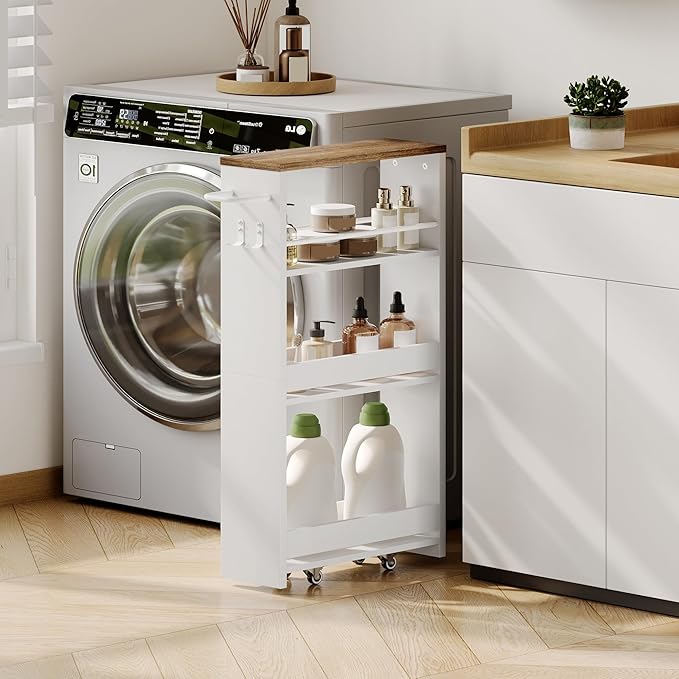 ChooChoo 4-Tier Slim Storage Cart, 5.5 inches Wide Narrow Storage Cabinet with 360° Wheels and 2 Hooks, Laundry Room Storage Organizer for Kitchen, Narrow Places, Walnut+White