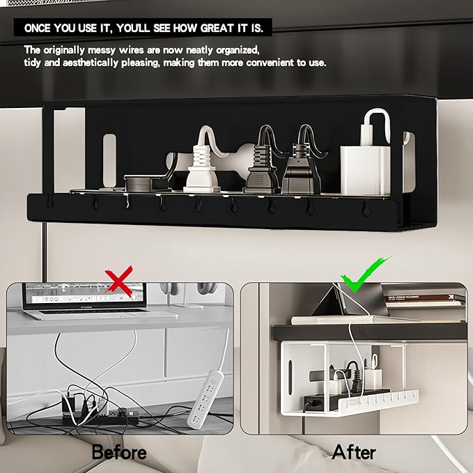 Under Desk Cable Management 12'' Tray Wires Organizer Power Strip Management No Drill Under Table Organizer for Cable Storage (BLACK-30CM)