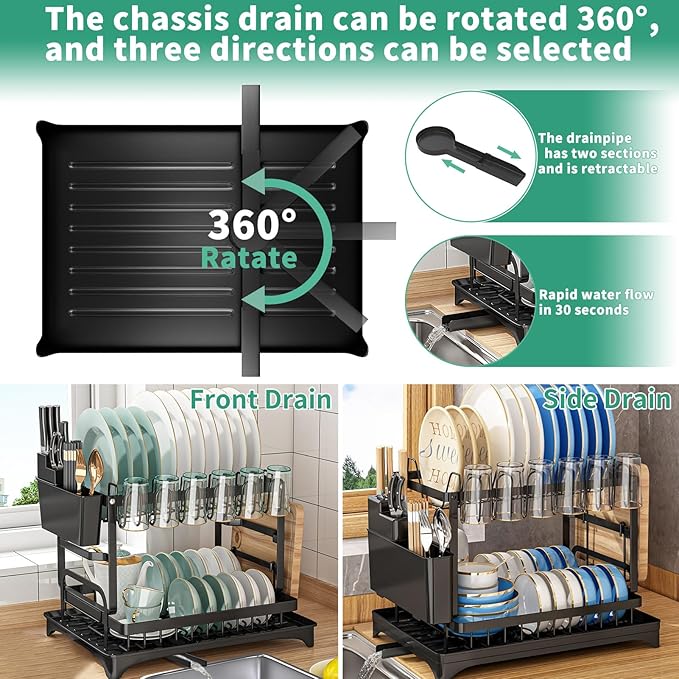 Dish Drying Rack, 2 Tier Large Dish Drying Rack for Kitchen Counter with Drainboard Stainless Steel Dish Drainer for Dish/Knifes/Cup/Cutting Board, Black