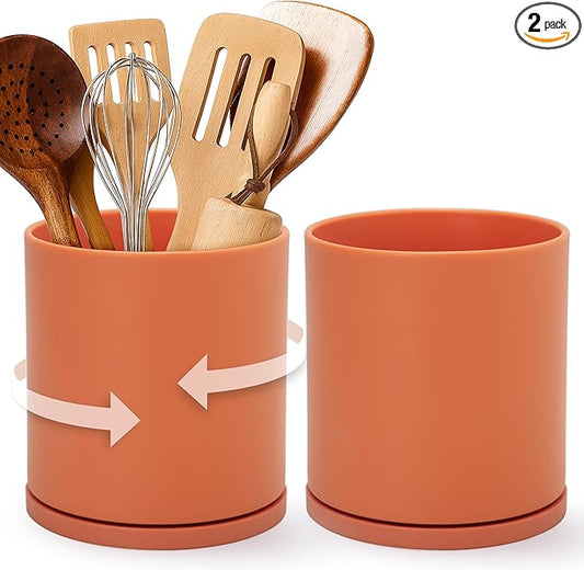 D'vine Dev 360° Rotating Utensil Holder – 7.2" Kitchen Utensil Crock for Countertop, Modern Cooking Tool Organizer for Kitchen Storage & Décor, Set of 2, Pumpkin, 72-Y-E-2