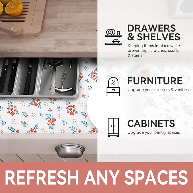 RAY STAR Shelf Liner, 18 Inch x 16 Feet Non Adhesive Red Floral Kitchen Cabinet Liner for Pantry Drawer Vanity, Strong Grip Non Slip Waterproof, Shelf Liners for Kitchen Cabinets Cupboard