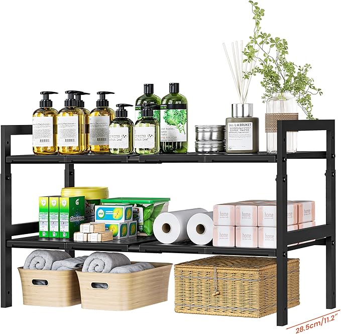 Under Sink Organizer and Storage 16.5"-30.7" Expandable Length, Adjustable Height Max16.73" Under Sink Shelf 2 Tier with Removable ABS Panels Metal Frame for Bathroom Kitchen Pantry Cabitnet Pot Pan