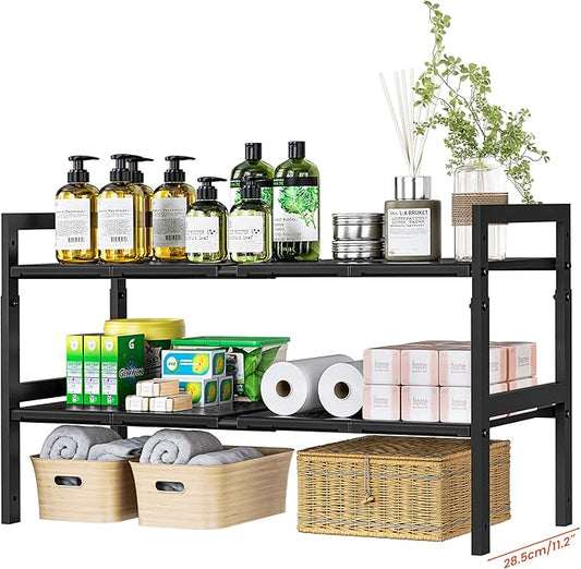 Under Sink Organizer and Storage 16.5"-30.7" Expandable Length, Adjustable Height Max16.73" Under Sink Shelf 2 Tier with Removable ABS Panels Metal Frame for Bathroom Kitchen Pantry Cabitnet Pot Pan