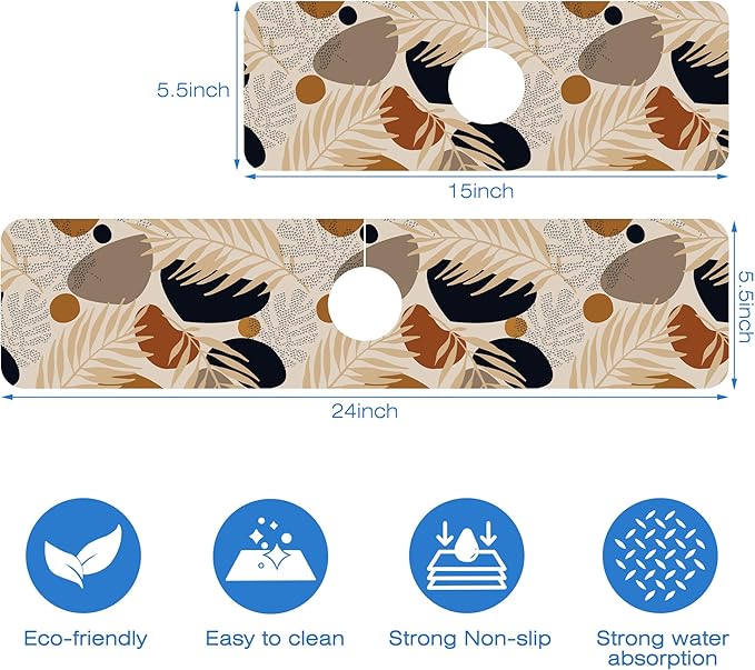 Boho Tropical Leaves Kitchen Sink Splash Guard Mat Absorbent Fast Drying Mat Faucet Draining Mat Sink Splash Guard Behind Faucet Drip Catcher for Kitchen Bathroom 5.5"×15"