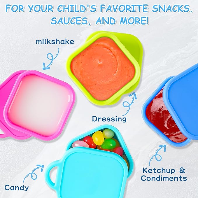 Ecurfu Silicone Dips Containers, 2x 4 oz Salad Dressing Container To Go, Condiment Container with Lids, Compatible with Most Bento Lunch Box (Pink/Cyan)