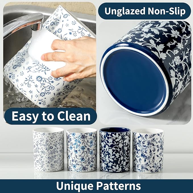 Kitchen Utensil Holder, Large Utensil Holders for Countertop, Blue and White utensil Crock for Tools, Ceramic Spatula Holder Kitchen Decor, Apartment Essentials（7.2in×6.2in）