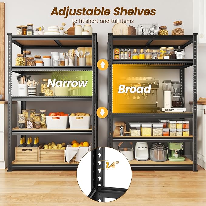 5-Tier Storage Shelves, 2010LBS Adjustable Pantry Shelves, Metal Shelving Unit for Kitchen, Pantry, Closet, Laundry, Garage, 15.75" D × 31.55" W × 63.05" H