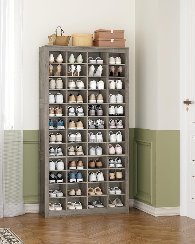 Shoe Storage Cabinet, 48 Pairs Free Standing Closet Organizer, 9 inch Widened Cell Wood Shoe Organizer, 12 Tiers Vertical Space Saving Shoe Rack for Entryway, Cloakroom, Greige SR39605X