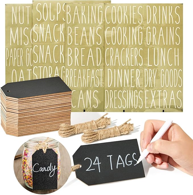 Talented Kitchen Black Wooden Tags - 4.33 x 2.5 in, Black, 24 Pack - Pantry Hanging Labels & Decorative Chalkboard Labels with Jute String for Baskets, Bins & Jars