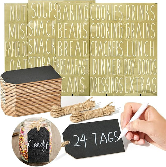 Talented Kitchen Black Wooden Tags - 4.33 x 2.5 in, Black, 24 Pack - Pantry Hanging Labels & Decorative Chalkboard Labels with Jute String for Baskets, Bins & Jars