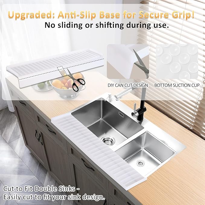 AyNirser Sink Edge Protector with Suction Cup 4"x24", Silicone Sink Splash Guard for Kitchen & Bathroom, Protect Countertop from Scratches, Stains, for Stainless Steel Granite Quartz-Clear