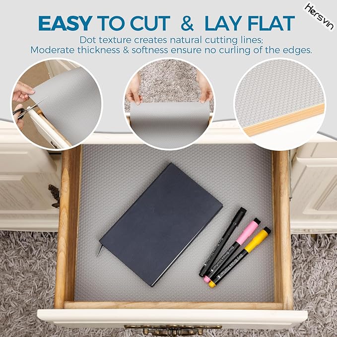 Hersvin Shelf Liners, 18in x 20ft Kitchen Drawer Mats, Non-Adhesive EVA Cupboard Protector, Cabinet Lining (Light Gray/Dot)