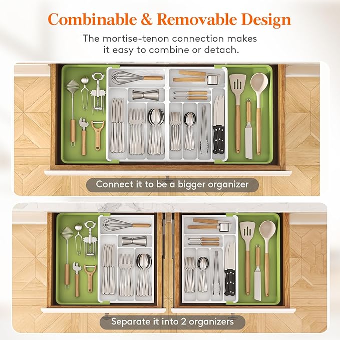 Lifewit Silverware Drawer Organizer, Expandable BPA Free Plastic Utensil Tray for Kitchen, Adjustable Flatware Cutlery Holder for Spoons Forks Knives, 21.3- 36 x 16.9", Green&White