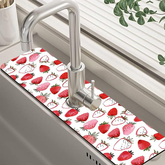 Watercolor Strawberry Kitchen Sink Splash Guard Absorbent Fast Drying Mat Faucet Draining Guard Behind Faucet Drip Catcher for Kitchen Bathroom 5.5"24