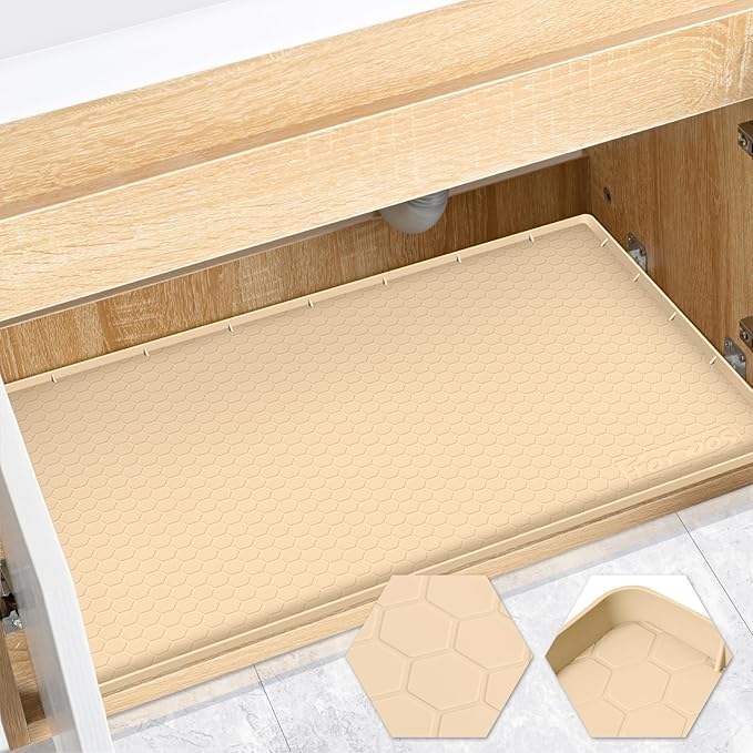 FORWOS Waterproof Under Sink Mat 22" x 19", Silicone Cabinet Liner, Rubber Protector for Kitchen and Bathroom, Keeps Cabinets Clean, Dry, and Organized (Beige)