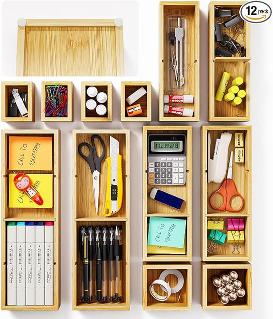12-Piece Bamboo Desk Drawer Organizer Set – Adjustable Storage Boxes with 24 Compartments, Non-Slip, Modular Design for Office, Jewelry, Vanity, and Kitchen Utensil Drawer Storage