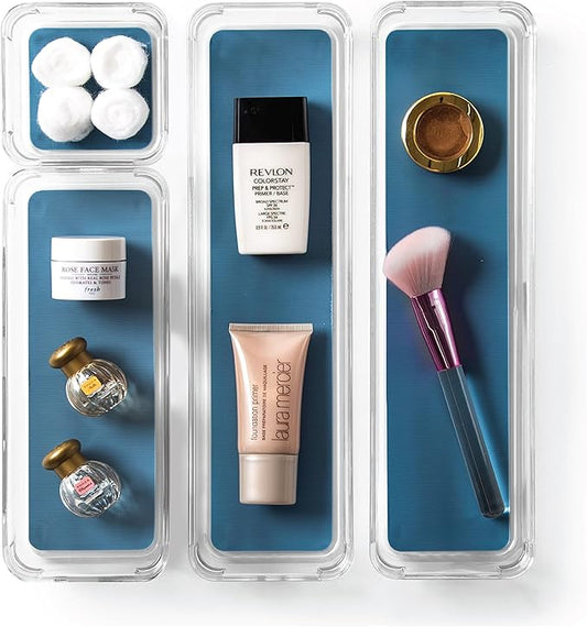BINO | 4-Piece Drawer Organizer Bin Set - Navy, Small | THE MODULAR+ | Multi-Purpose Storage | Soft-Grip Lining and Non-Slip Rubber Feet | Durable | BPA-Free | Desk Drawer Organizer | Vanity Organizer