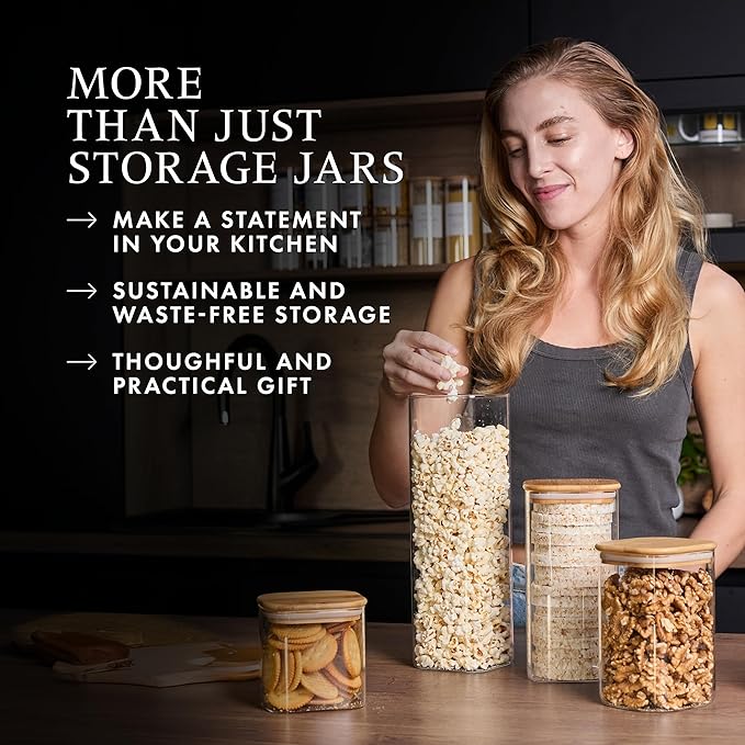 Glass Pantry Storage Containers with Lids- 165 Pantry Labels– Set of 5 various Sizes- Glass Canisters with bamboo lids-Perfect Pasta, Flour food Storage Containers-Airtight-Kitchen Canisters