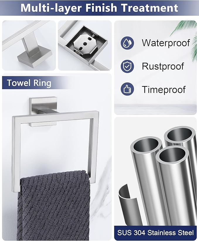 Brushed Nickel Bathroom Hardware Set 4 Pieces, Toilet Paper Holder Set SUS304 Stainless Steel Bath Hand Towel Ring for Bathroom Hardware Accessories Set Wall Mounted