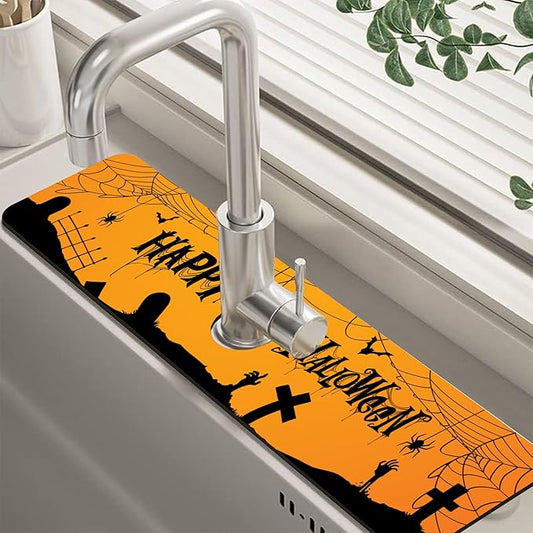 Halloween Bats Spider Webs Dish Drying Mat for Kitchen Sink Splash Guard Behind Faucet Sink Mat Absorbent Fast Drying Faucet Draining Mat for Bathroom Kitchen 5.5"×24"