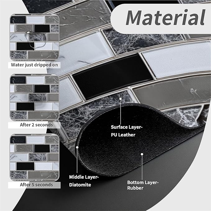 Kitchen Sink Splash Guard，White-black gray tiles Faucet Mat Sink Gadgets-Super Absorbent Fast Drying Mat Drip Catcher for Kitchen, Bathroom,Sink Mat, Dish Drying Mat, Bathroom(15" X 5.5" )