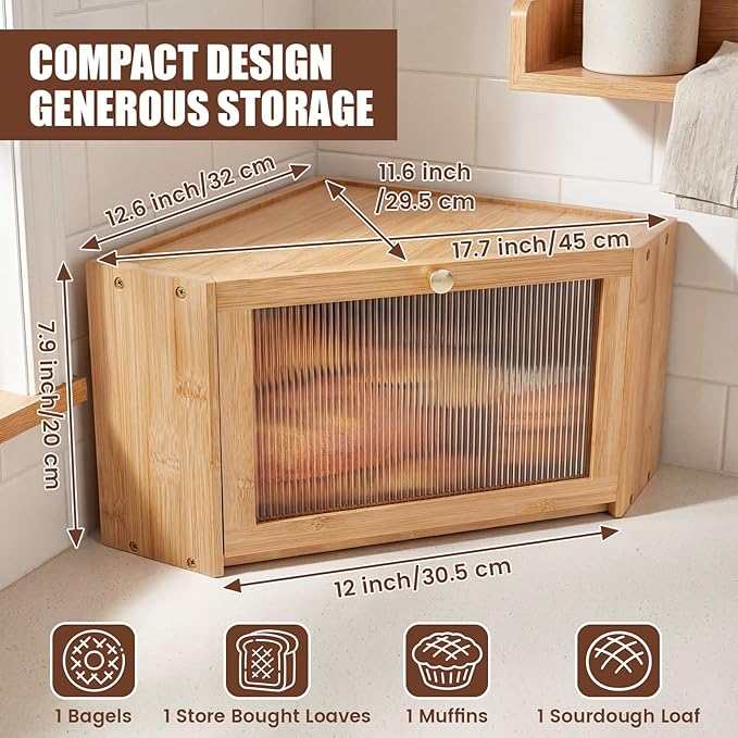 Corner Bread Box for Kitchen Countertop Bamboo Bread Boxes Large Capacity Corner Counter Breadbox Vintage Breads Storage Container with Arcylic Door Breadbox Under Cabinet Mount for Kitchen