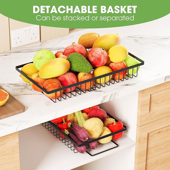Fruit Basket for Kitchen Counter, Extra Large Fruit Bowl with Banana Hangers, 2 Tier Fruit Holder Stand Countertop Organizer for Vegetable Onion Potato Bread Snack Produce Storage and Display, Black