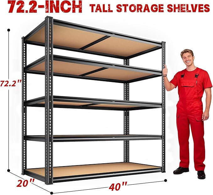 40" W Garage Shelving 2250LBS Storage Shelves Adjustable Metal Shelving 5 Tier Garage Utility Rack Shelf for Warehouse, Pantry, Closet, Kitchen 72.2" H x 40" W x 20" D, Black