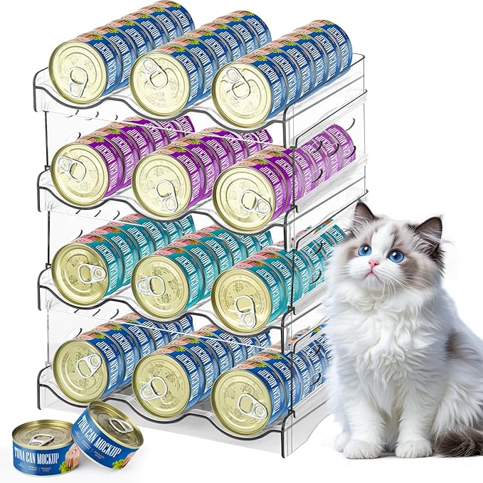 REFLYING Cat Food Can Organizer, Can Organizer for Pantry, Transparent Cat Food Storage Container Holds 72 (3.5oz) Cans, Canned Food Organizer and Storage for Countertop Kitchen Cabinet (4 Layers)