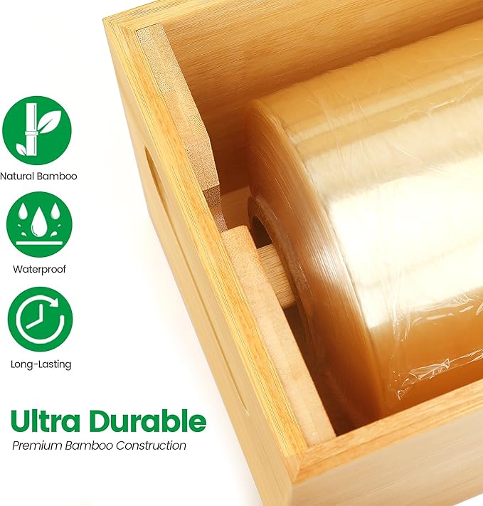 24" Bamboo Paper Roll Dispenser with Sliding Cutter & Roller – Fits Butcher, Kraft, Freezer Paper, Foil & Plastic Wrap – Heavy-Duty Kitchen & Restaurant Organizer