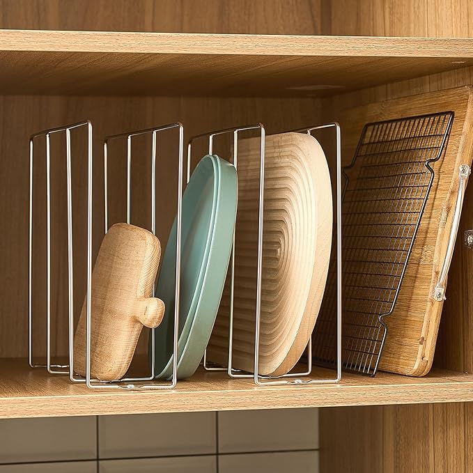 Blulu U Shaped Cookie Sheet Organizer for Cabinet Baking Sheet Organizer Kitchen Cabinet Dividers Vertical Chrome Pan Rack Storage Wires Tray Dividers Face Opening of 3.5"(Silver,2 Pcs)