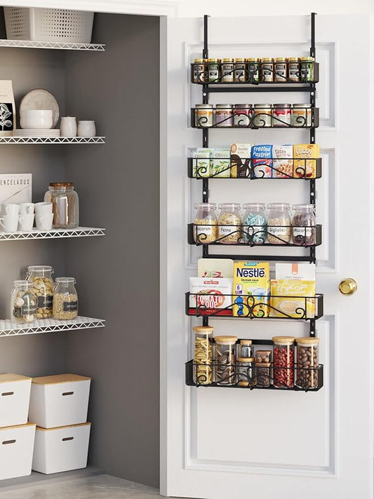 6-Tier Over the Door Pantry Organizer, Pantry Organization And Storage, Hanging Storage Organizer Spice Rack Metal Shelving for Home & Kitchen, Office Laundry Room Bathroom Black