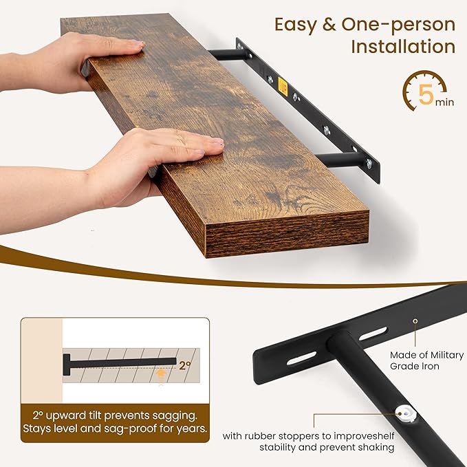 Dreamland 72Inch Floating Shelves for Wall, Rustic Wooden Storage Shelf for Living Room, Kitchen, Farmhouse, Wall Mounted Display Shelving with Invisible Heavy-Duty Metal Bracket, Set of 2 - Brown