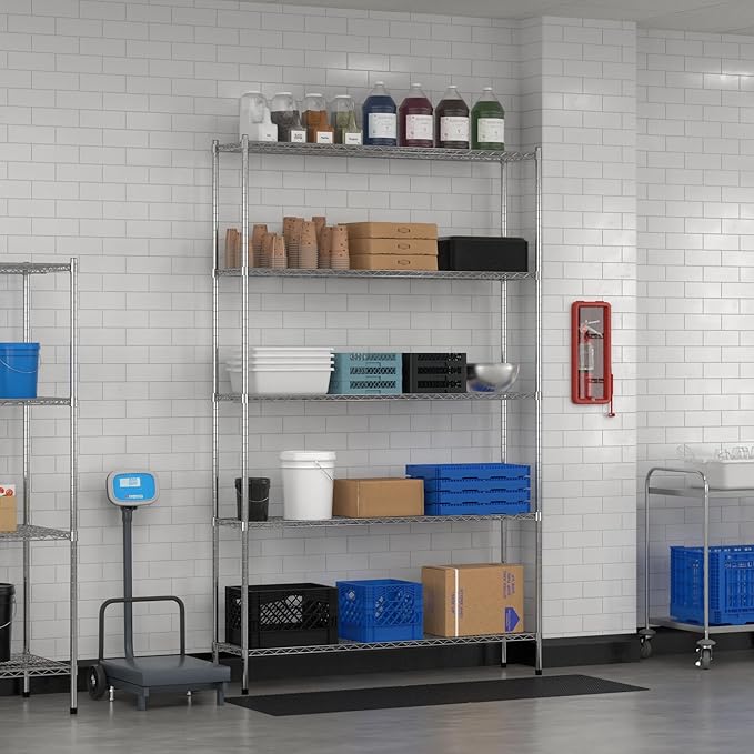 Commercial NSF Listed Chrome Stationary Wire Shelving Kit 14" x 60" x 96", with 5 Shelves Perfect for Warehouse, Walk-in Refrigerator, Freezer, Grocery Store, Restaurant, Dishroom