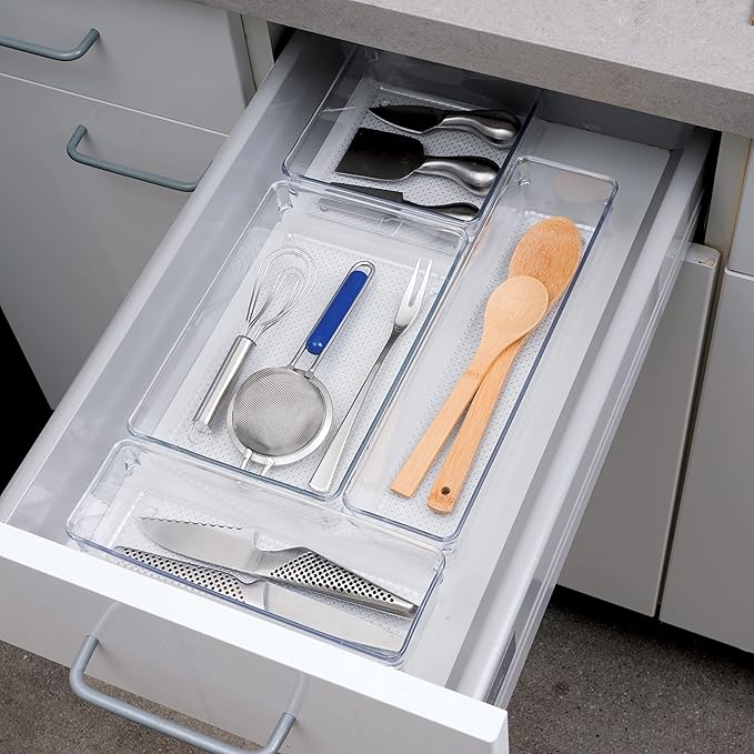 Oggi Clear Drawer Organizer - 3" X 9.5" (Set of 6) - Ideal for Organizing Kitchen Drawers, Office, Desk, Silverware, Kitchen Utensils, Cosmetics and Bathrooms